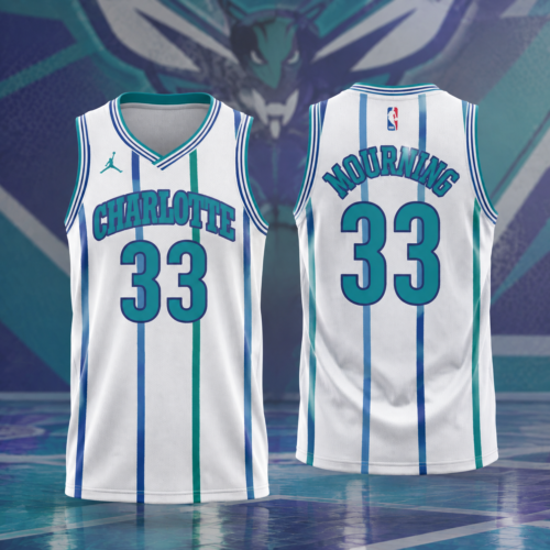 Custom Printed NBA Hornets Alonzo Mourning #33 Classic White Basketball Jersey