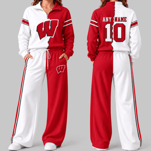 Wisconsin Badgers | NCAA Split Color Quarter Zip Wide Leg Set TD