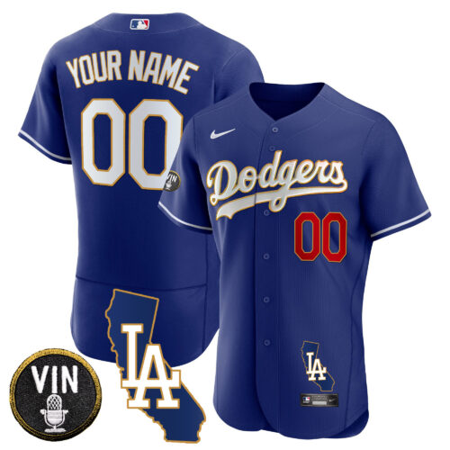 Los Angeles Dodgers California Patch Gold Trim Flex Base Custom Jersey - All Stitched