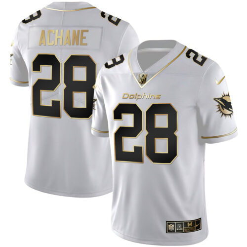 Men's De'Von Achane #28 Miami Dolphins White Gold Jersey - All Stitched