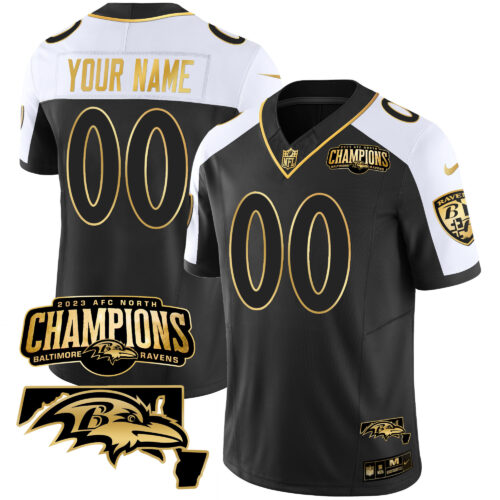 Baltimore Ravens 2023 AFC North Champions & Maryland Patch Gold Vapor Custom Jersey - All Stitched