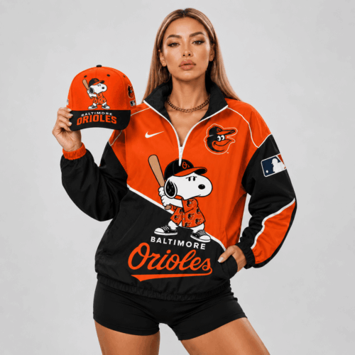 Baltimore Orioles | Premium MLB Snoopy Clubhouse Swing V-neck Jacket And Cap Set