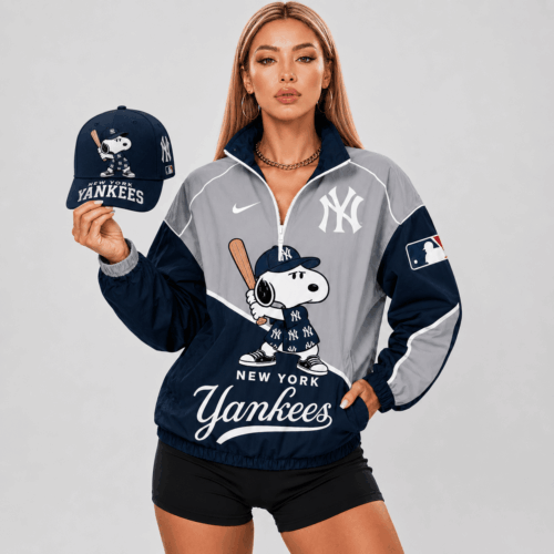 New York Yankees | Premium MLB Snoopy Clubhouse Swing V-neck Jacket And Cap Set