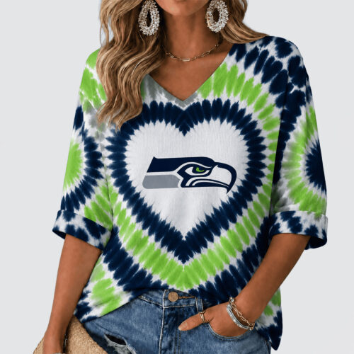 Seattle Seahawks | Premium NFL Tie Dye V-neck Long Sleeve Shirt